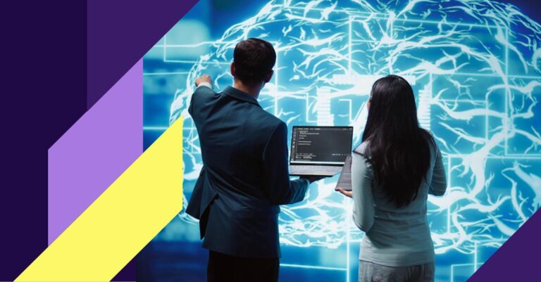 Two scientists observing AI-driven cell analysis on a digital screen, representing decision-making in biotech innovation.
