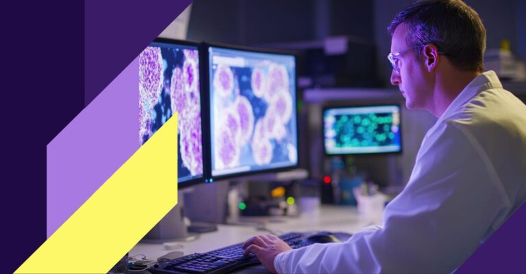 Scientist analyzing high-content cell images on a computer screen – visualizing AI-driven phenotypic profiling in drug discovery.
