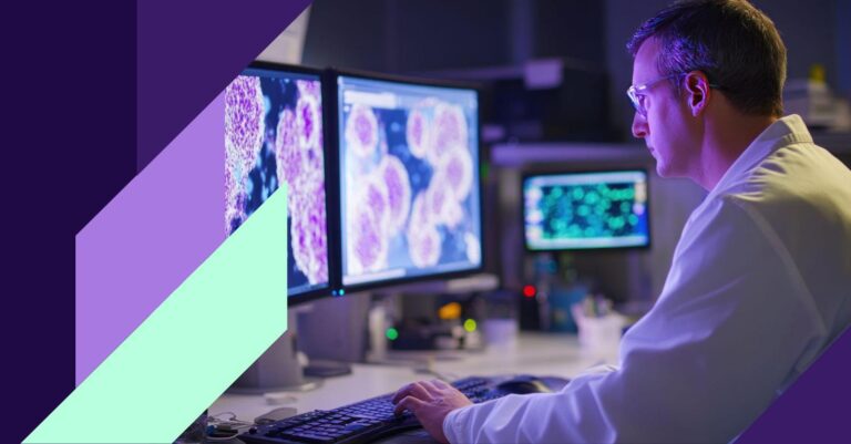 Scientist analyzing high-content cell images on a computer screen – visualizing AI-driven phenotypic profiling in drug discovery.