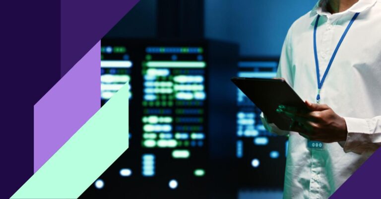 Life sciences professional using a tablet in front of digital data infrastructure screens