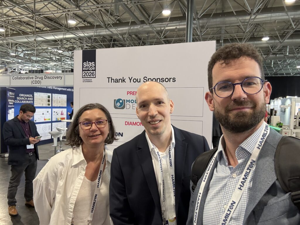 Magdalena Otrocka, Michał Warchoł, and Ivan Harmath from Ardigen at SLAS Europe 2026