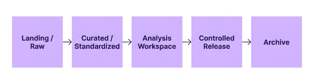 Five-step data workflow from Landing/Raw to Archive: Landing/Raw → Curated/Standardized → Analysis Workspace → Controlled Release → Archive